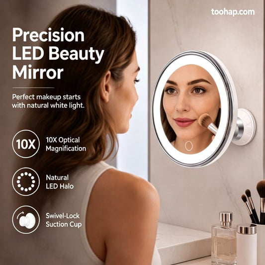 ⏳ Kun for en kort tid – 50 % RABATT ⏰10x forstørrende sminkespeil med LED-lys og sugekopp