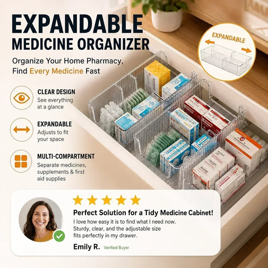 🔥 Gjennomsiktig, utvidbar medisinholder — kan utvides, perfekt for et ryddig medisinskap 💊🗄️