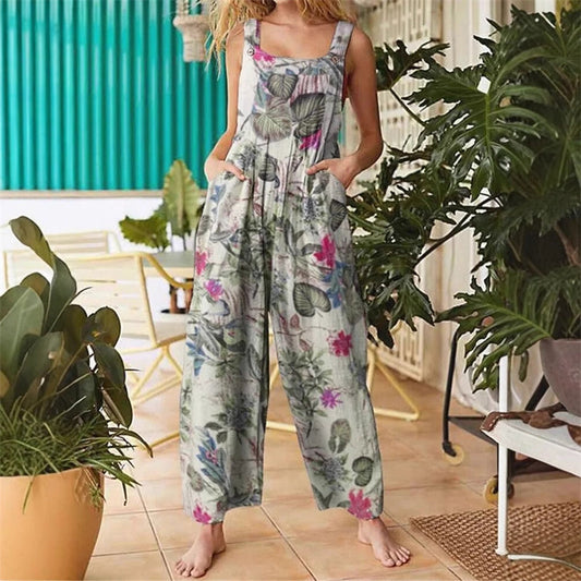 【S-3XL】🌼Дженски гащеризон с щампиран широк крачол
