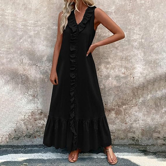 🥰👗Жените случайни V-образно деколте без ръкави накъсани Maxi рокля