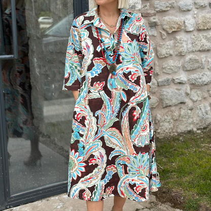 🌸 Реколта рокля с цветен печат и джобове