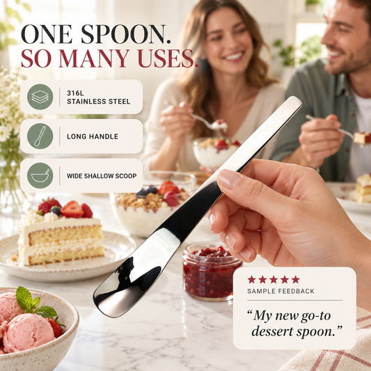 🥄 Cuchara de postre de acero inoxidable con mango largo y ergonómico