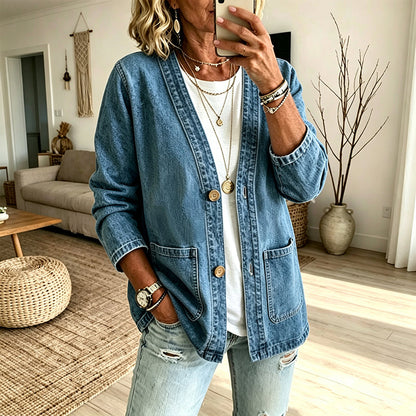 Casual denimkofta med V-hals for damer