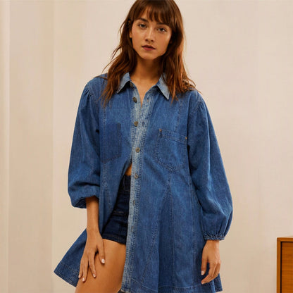 👗Fremhever midjen, behagelig passform✨ Denimkjole for damer med lanterneermer – innsvingt midje og behagelig stoff | Flatterende silhuett ✨