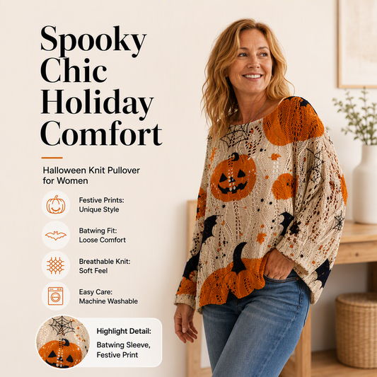 Heklet Halloween-top med gresskarmotiv for kvinner