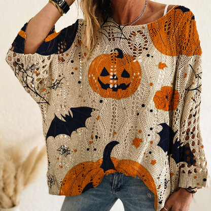 Heklet Halloween-top med gresskarmotiv for kvinner