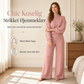 Avslappet strikket loungewear-sett i to deler for kvinner med langermet genser med mock hals og høyvidde, vidbeinte bukser
