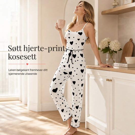 To-delt sett i strukturert stoff, pyjamas med hjerte-mønster – camisole og lange bukser til bruk hjemme