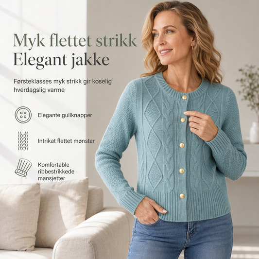 Kabelstrikket cardigan med rund hals og gullknapper