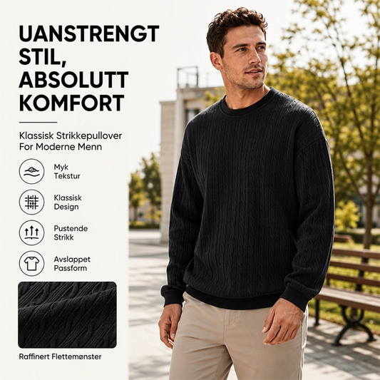 Herre genser med kabelstrikk og rund hals