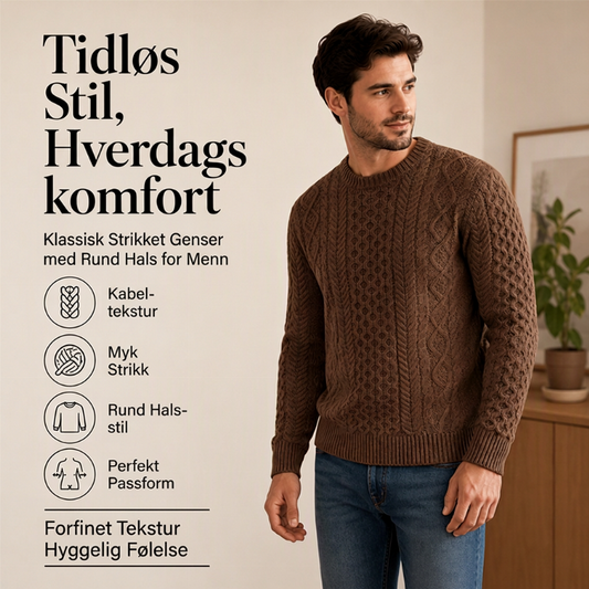 Herre, uformell genser med ribbestrikk og rund hals
