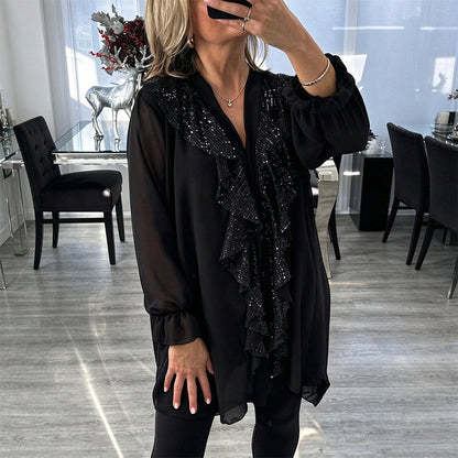 ✨【Kjøp 1, få 1 gratis】Damenes V-halset sequin-sammensatt chiffong-topp